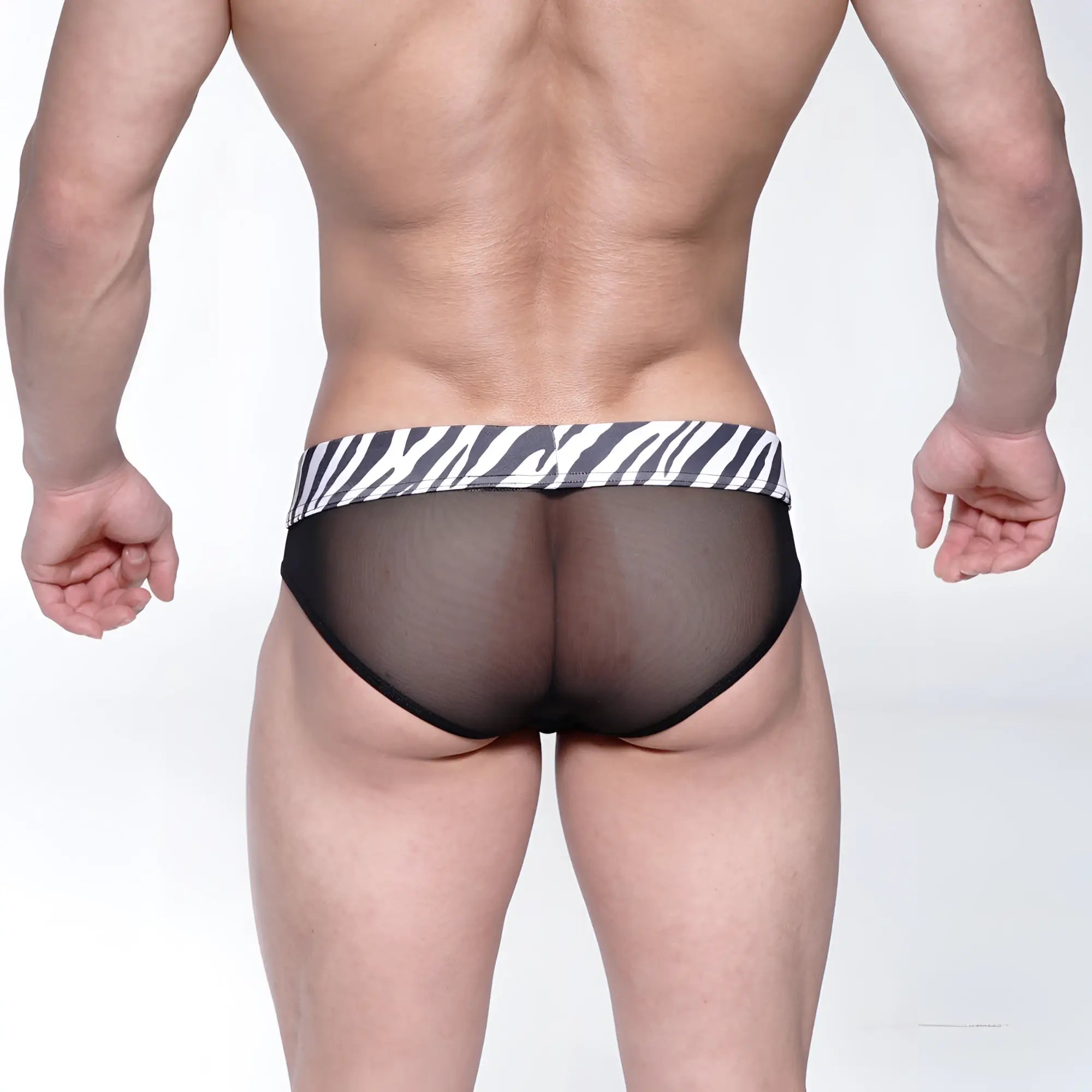 Black mesh briefs with a bold black and white zebra-striped waistband metroMaleWear savage bikini 6105-50