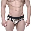 Leopard-print briefs with black elastic waistband and trim metroMalewear savage brief 6106-04 front view
