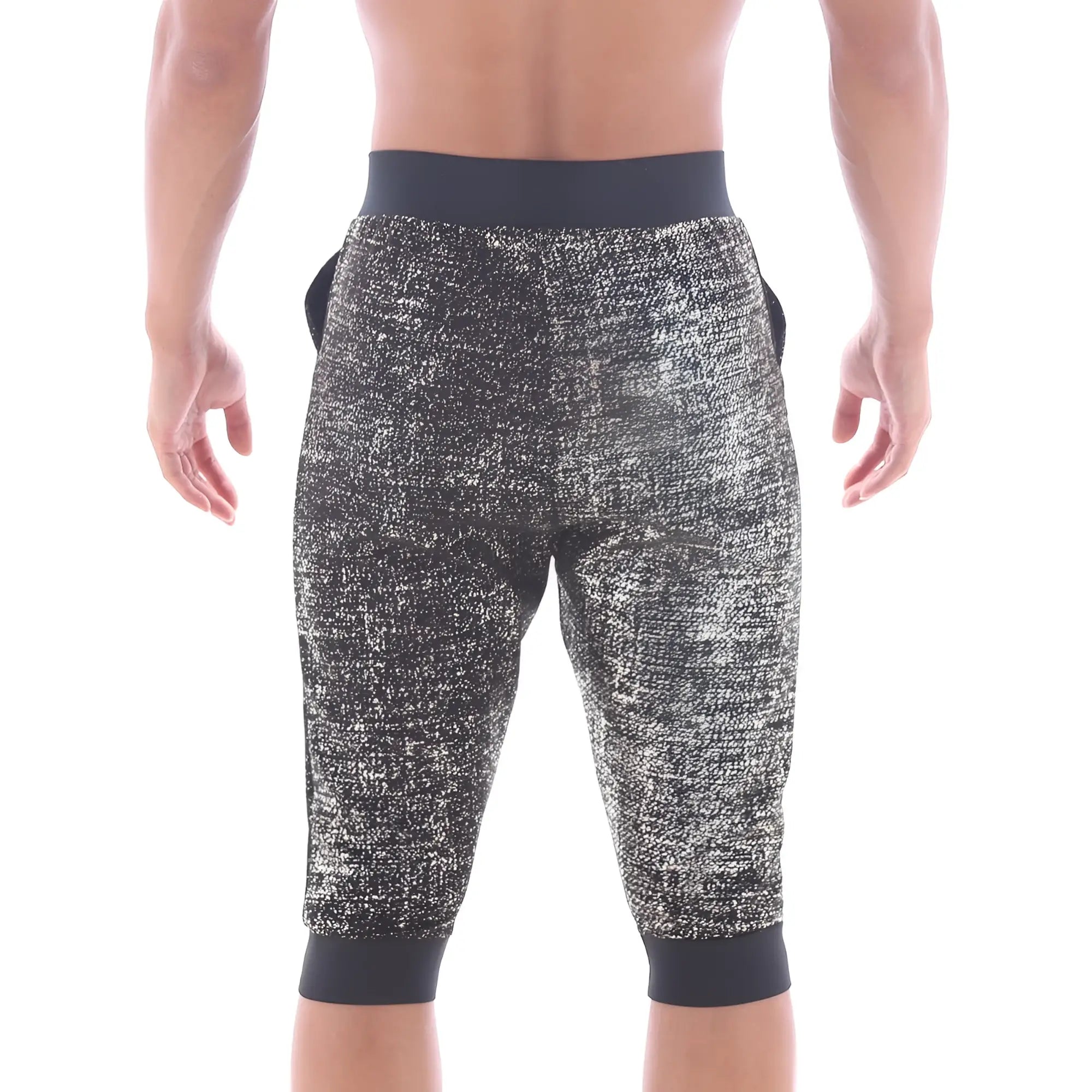 MetroMaleWear Scandinavia black and silver speckled textured capri pants with solid black waistband and cuffs