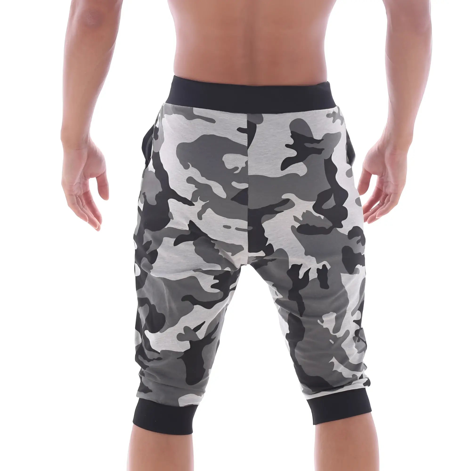 Black gray and white camouflage capri joggers with black elastic waistband and cuffs metroMalewear Scandinavia gym shorts
