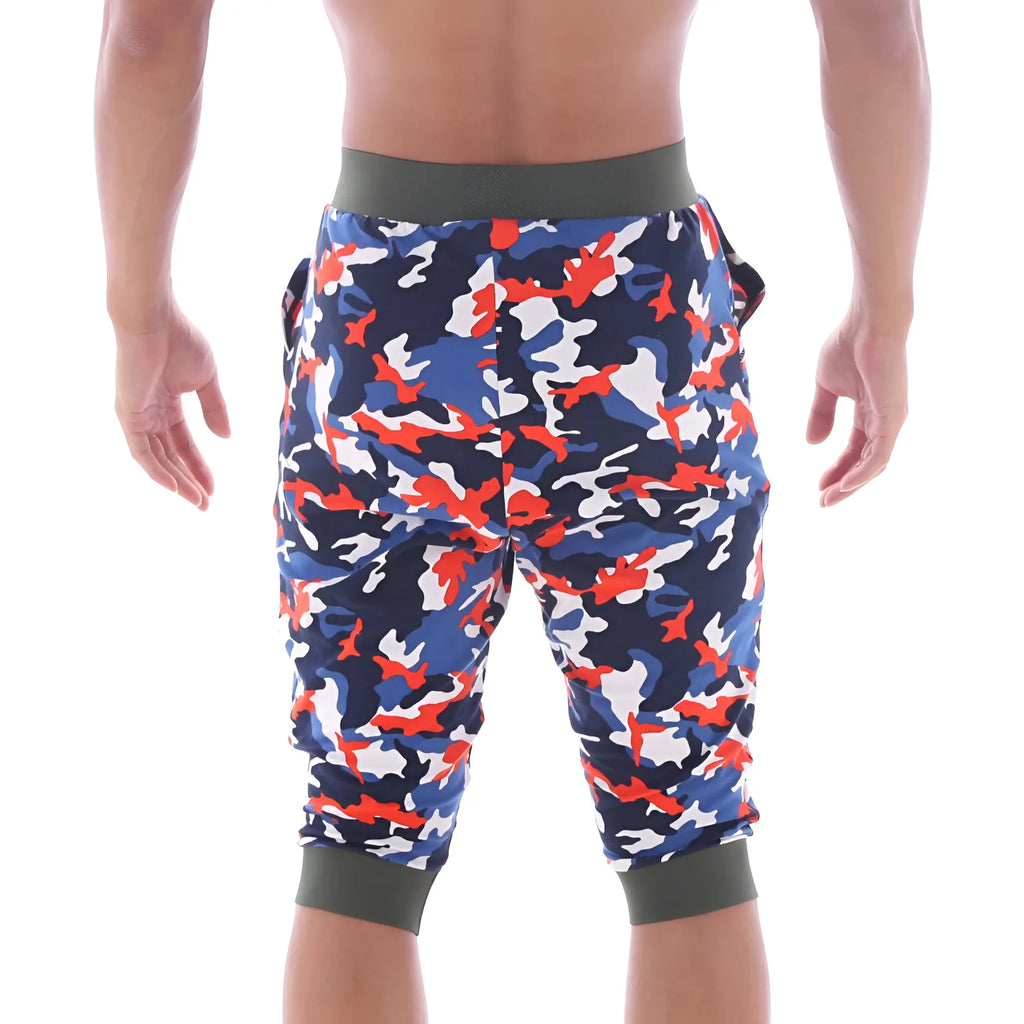 MetroMaleWear Scandinavia gym shorts camo navy capri length with blue red white camouflage and olive green waistband
