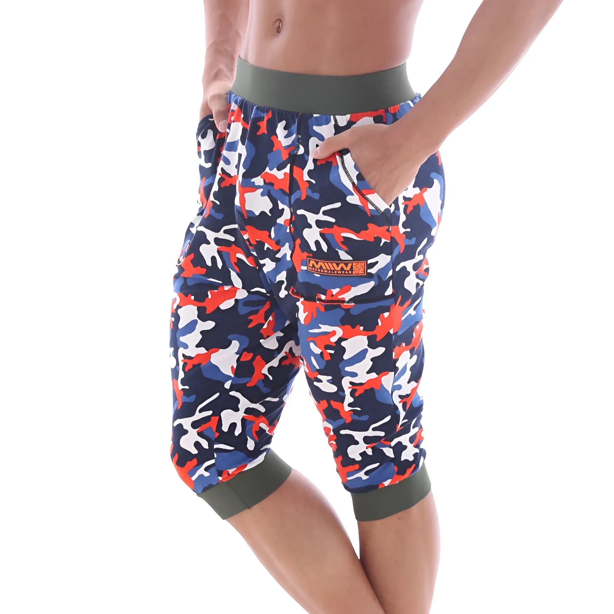 Mens metroMalewear scandinavia camo navy capri pants with olive green elastic waistband and cuffs in red white pattern