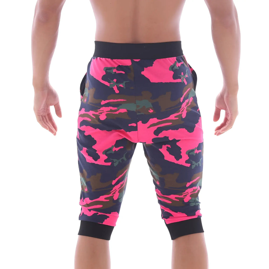 MetroMaleWear scandinavia gym shorts camo pink capri length with bright pink and dark green camouflage pattern