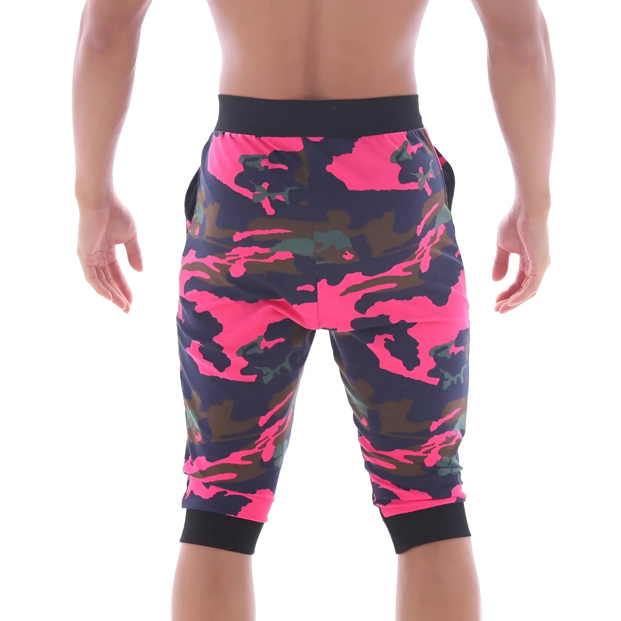 MetroMaleWear scandinavia gym shorts camo pink capri length with bright pink and dark green camouflage pattern black waistband