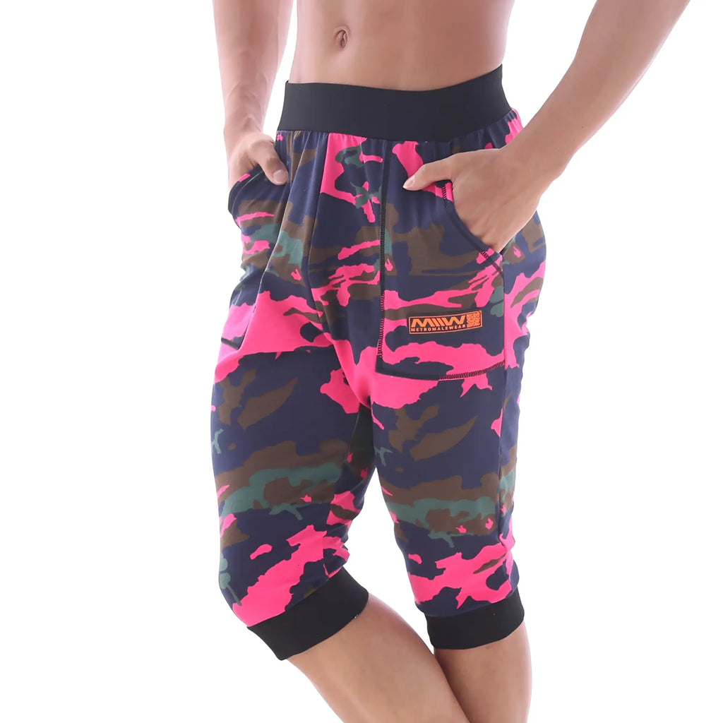 MetroMaleWear Scandinavia gym shorts camo pink capri pants with bright pink navy blue camouflage and black elastic waistband