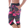 MetroMaleWear Scandinavia gym shorts camo pink capri pants with bright pink navy blue camouflage and black elastic waistband