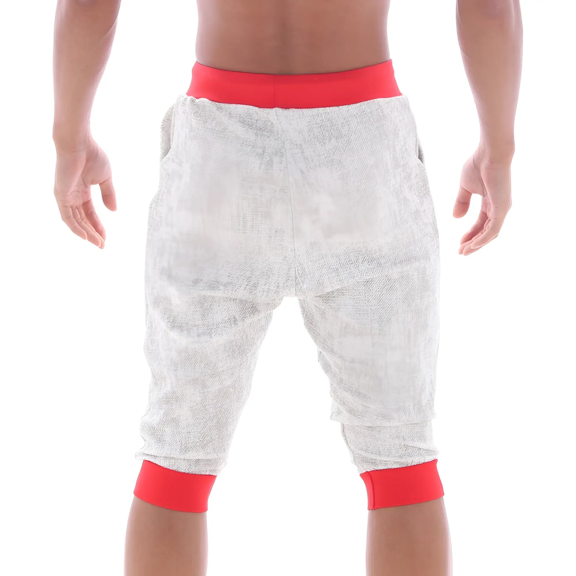 Gray textured capri pants with red elastic waistband and cuffs from metromalewear scandinavia gym shorts ivory 4711-10