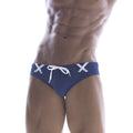 MetroMaleWear Scottish swim brief blue 4916-86 navy blue trunks with white lace-up detailing and central bow