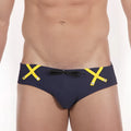 Metro malewear scottish navy swim brief with bold yellow x-shaped straps and black bow at the front