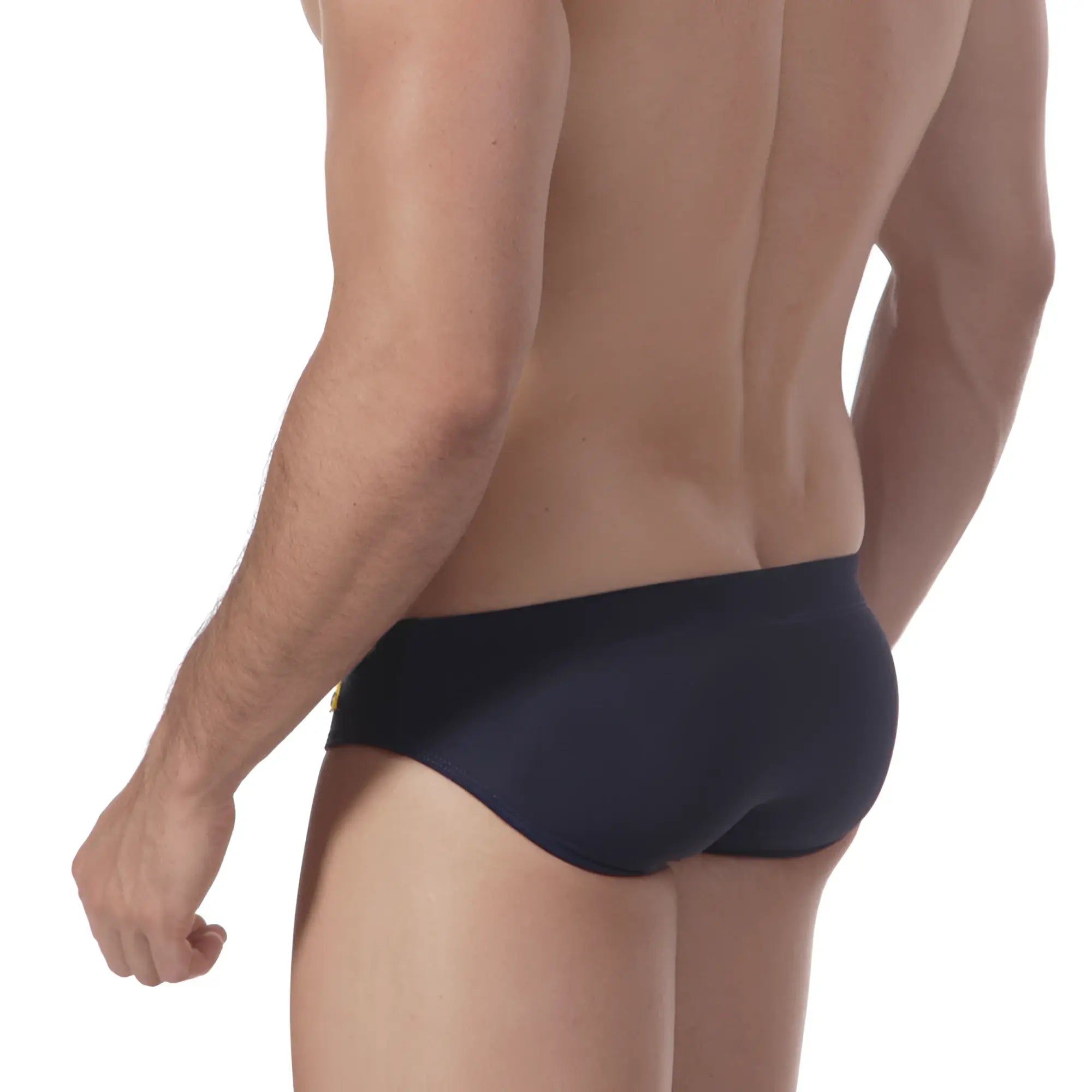 Navy blue MetroMaleWear Scottish swim brief with a small gold logo on the left hipband designed for swimming