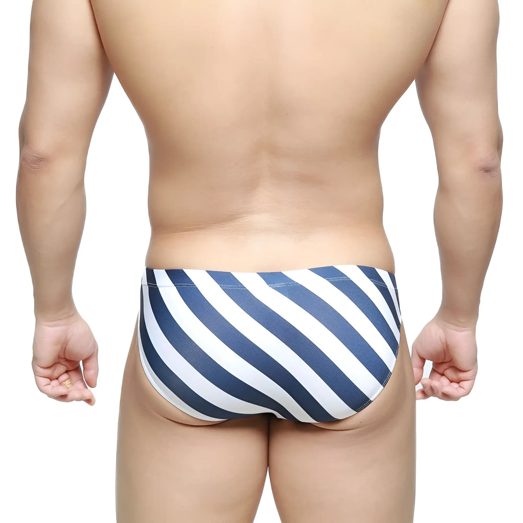 Metro male wear screw bikini navy swim trunks with blue and white diagonal stripes for beach and pool use