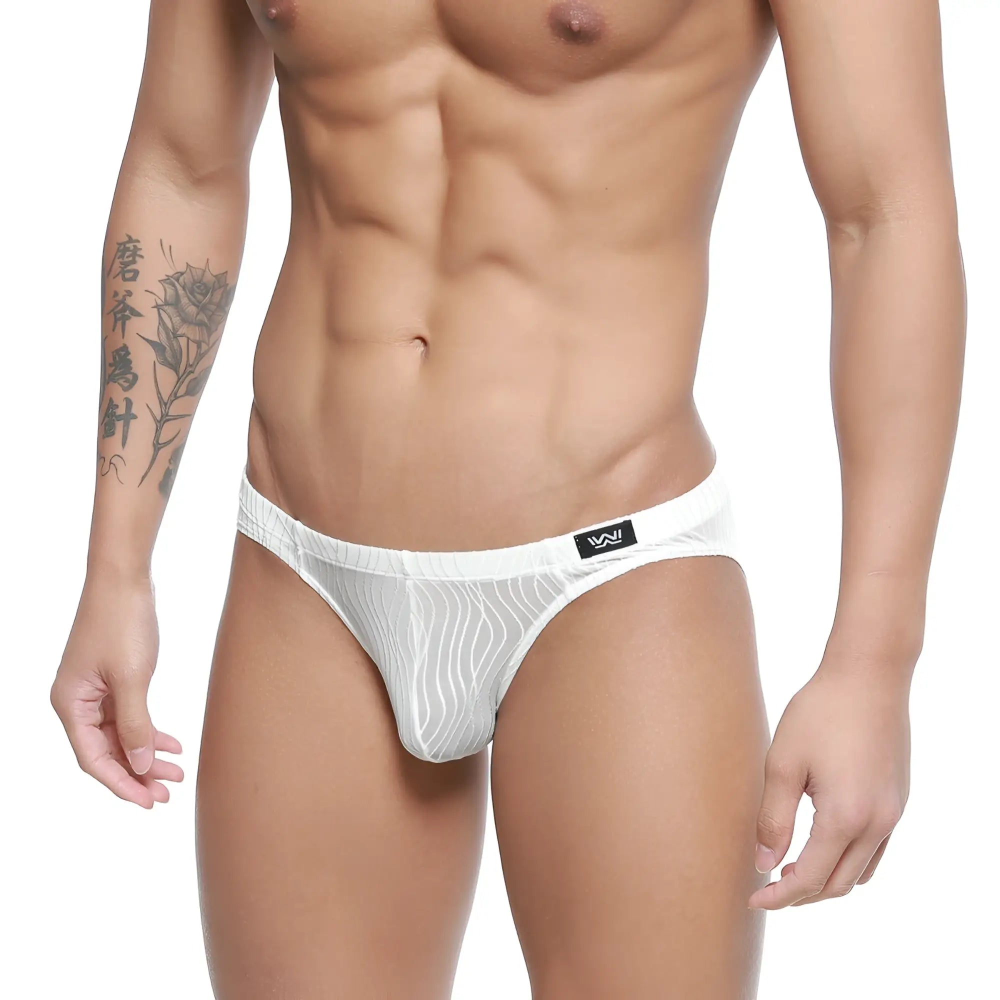 White mesh briefs with subtle wavy pattern and black logo on waistband metroMaleWear Sedosa Bikini 5103-M32
