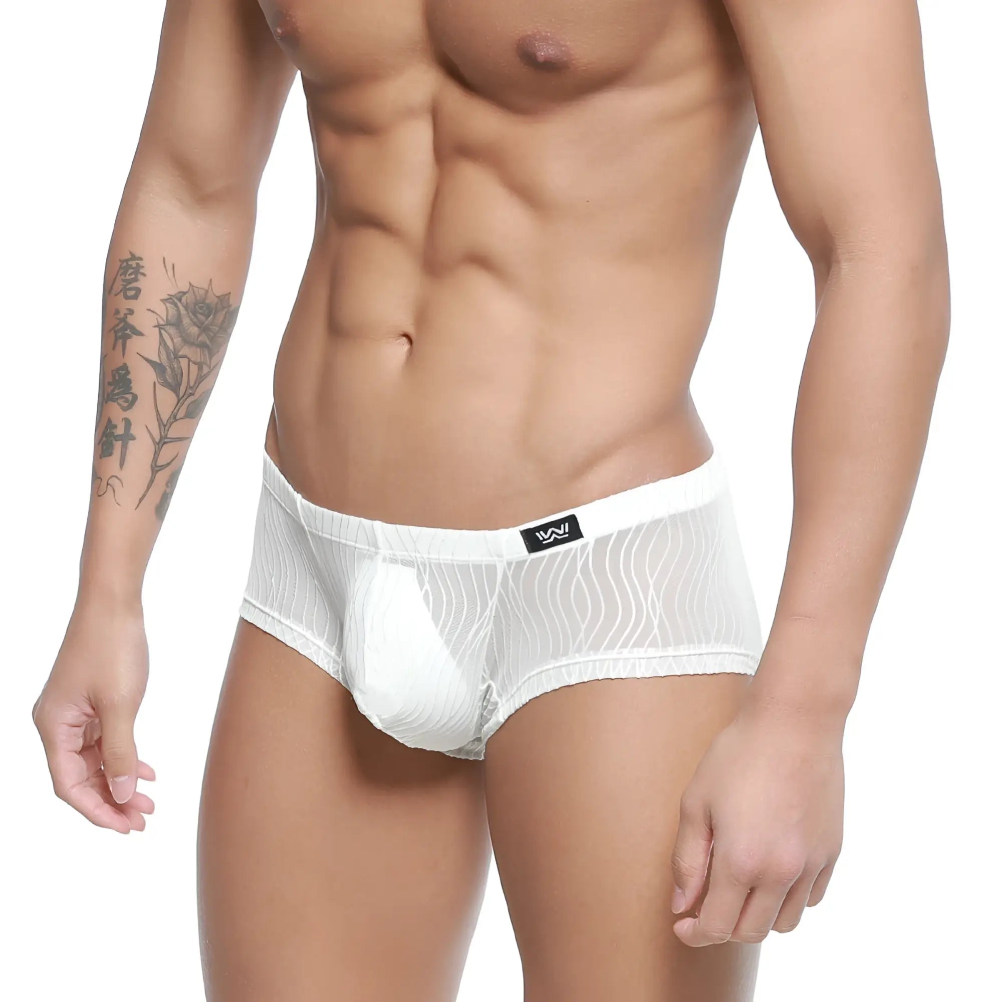 White mesh briefs with solid white pouch and subtle wavy texture featuring black logo tag MetroMaleWear Sedosa Trunk 2125-32