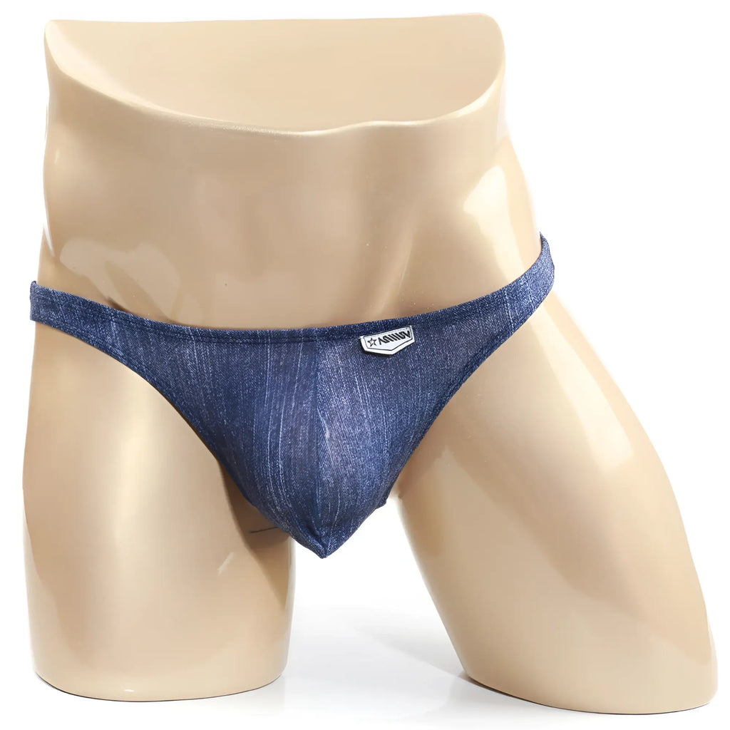 Blue denim thong bikini with small white logo on waistband by metromalewear seduction denim 2004-60 back side view