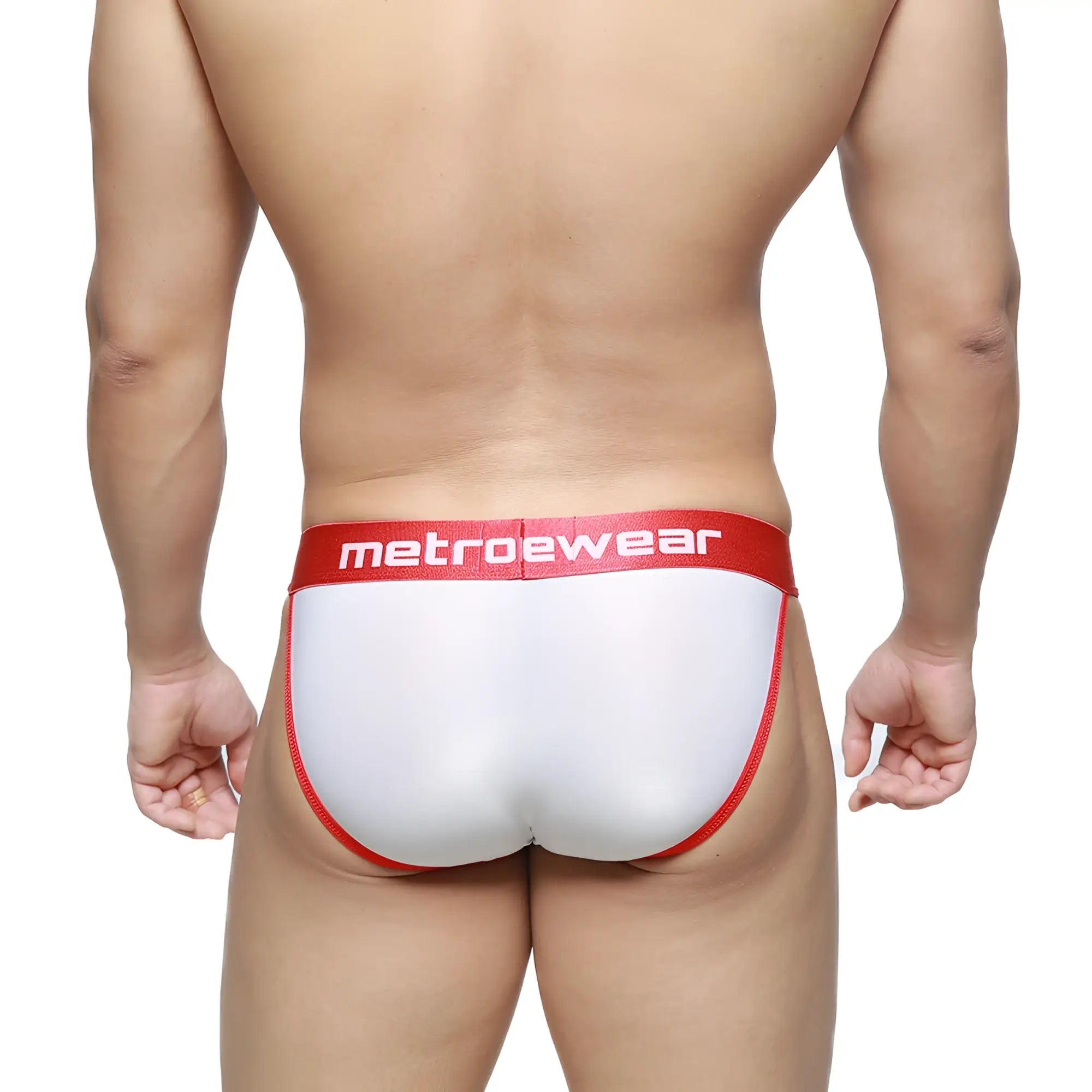 Metro male wear semi sheer bikini briefs in white and red with a snug form fitting design