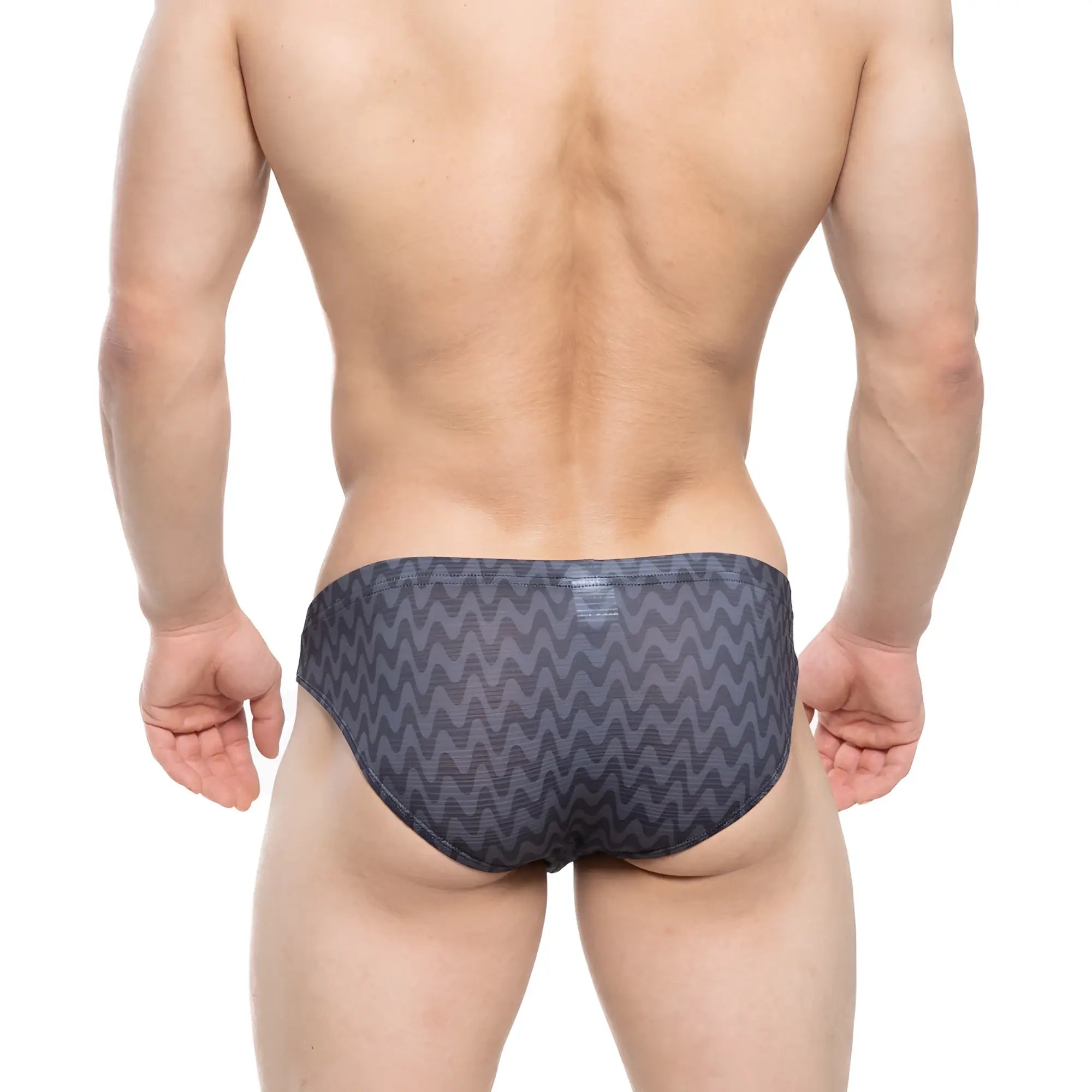 Dark gray swim trunks with bold zigzag pattern from metromalewear senal bikini gray 5103-m45 collection
