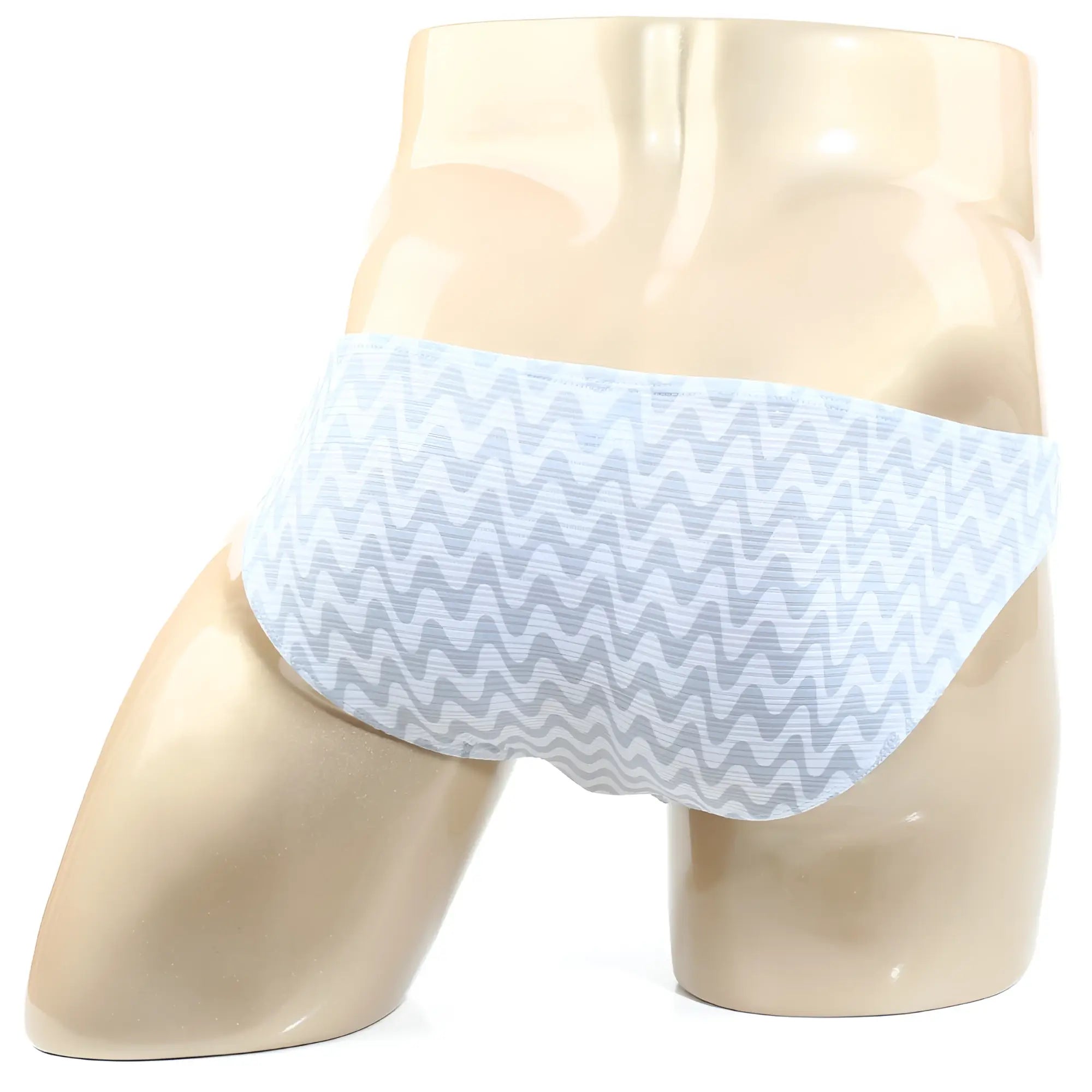 MetroMaleWear Senal lowrise bikini briefs in light blue and gray zigzag patterned cotton displayed on a mannequin