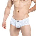 White briefs with subtle gray zigzag pattern and black MetroMaleWear brand tag at waistband MetroMaleWear Senal Trunk white 2125-73