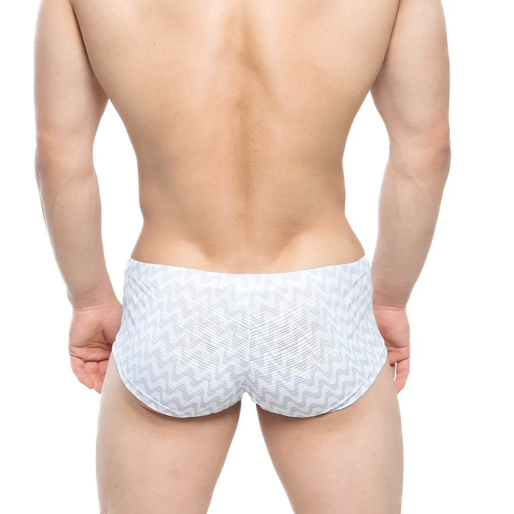 MetroMaleWear Senal white swim trunks with a subtle gray zigzag pattern perfect for beach and pool use