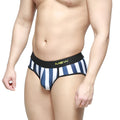 MetroMaleWear sencillo brief F1 5203-40 with blue white stripes and black waistband with yellow lettering front view
