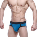Blue and black form-fitting athletic briefs by MetroMaleWear in petrol color for comfortable activewear use