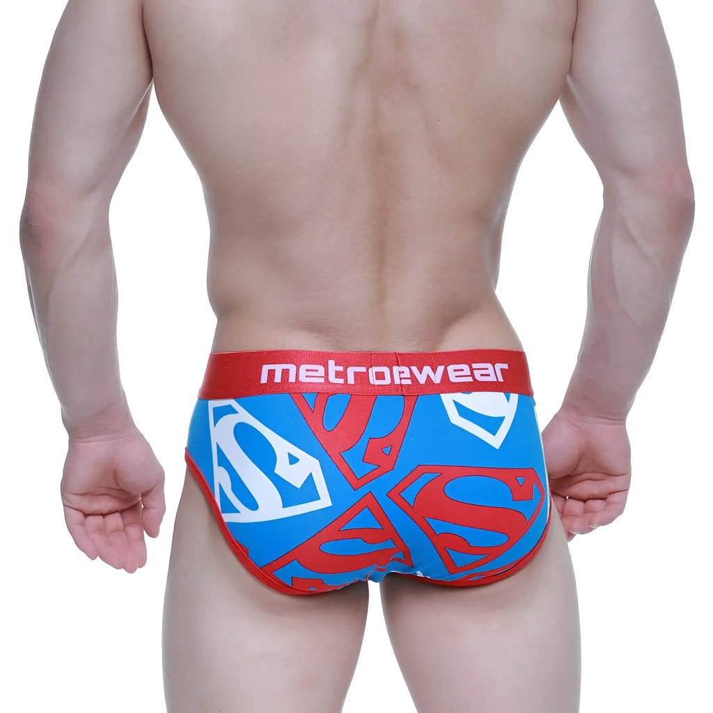 Metromalewear sencillo brief with blue and red superman logo pattern and red waistband with metrowear branding