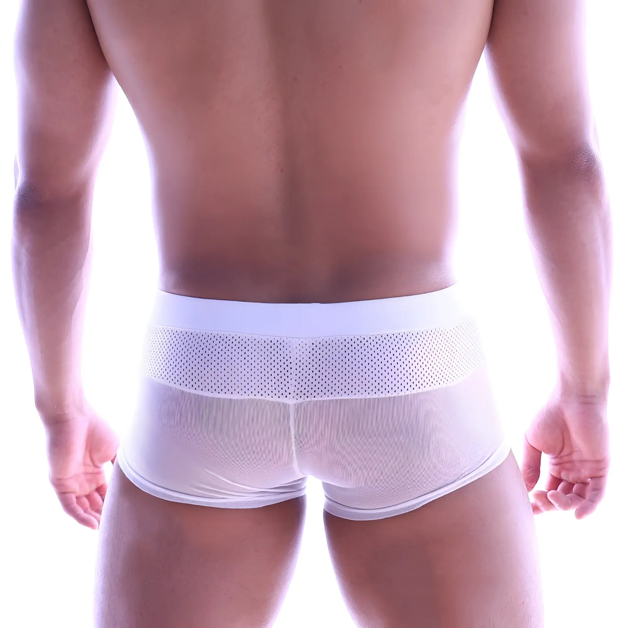 White mesh briefs with a solid white waistband metro malewear sencillo trunk 2026-60 front view