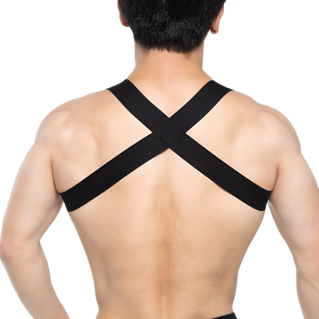 Black elastic cross-back support strap of metromalewear sergant harness 1400-61 showing the back side view