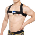 Black fabric harness with blue and white star emblem on chest strap metroMalewear sergant harness 1400-61