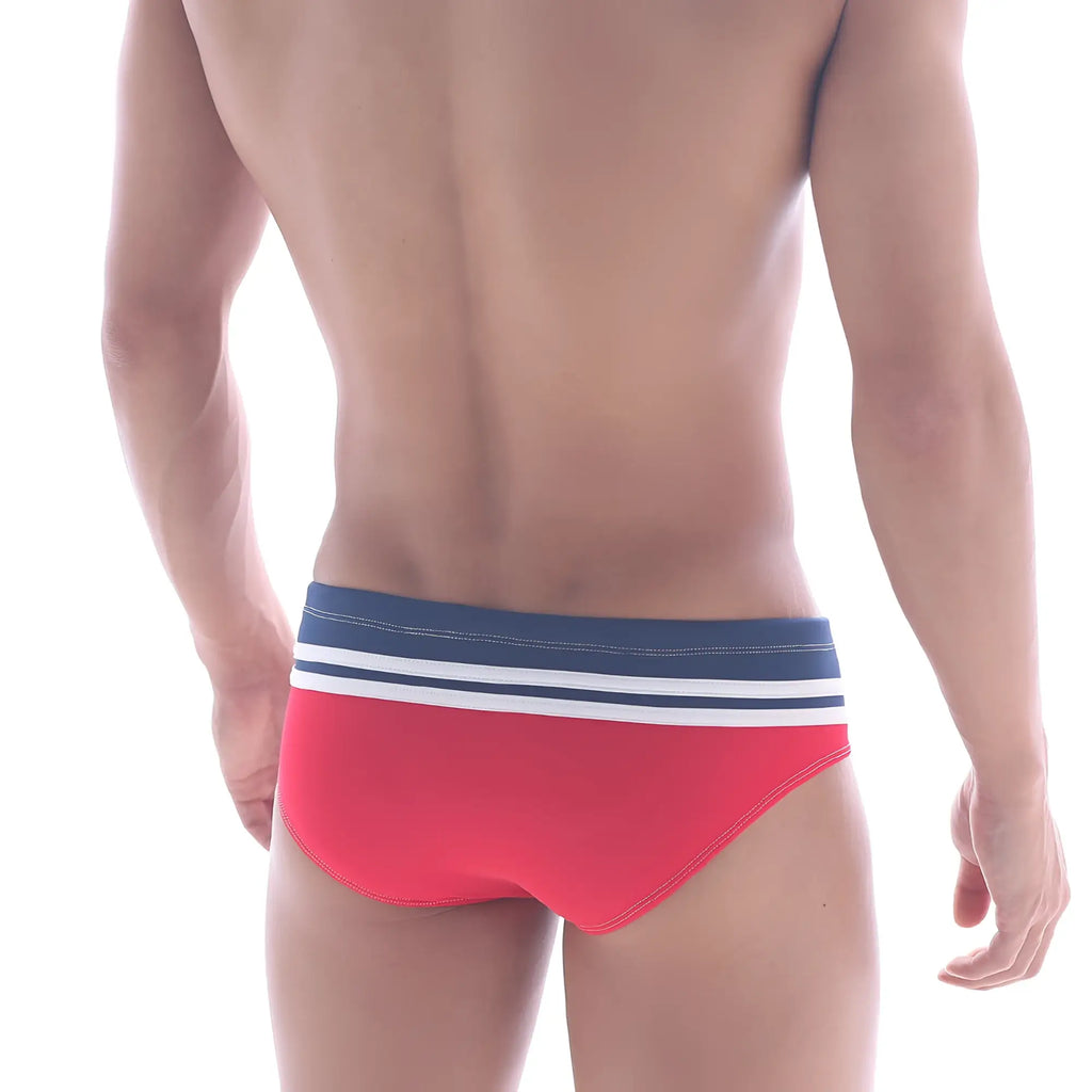 MetroMaleWear sergeant swim brief in red with a navy blue waistband and two white stripes for men