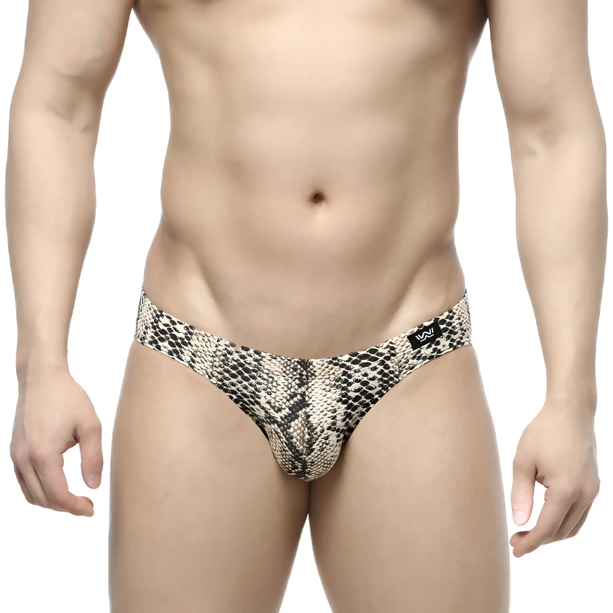 Snake-print men’s thong with beige and black pattern from MetroMaleWear serpiente bikini 5103-94 collection