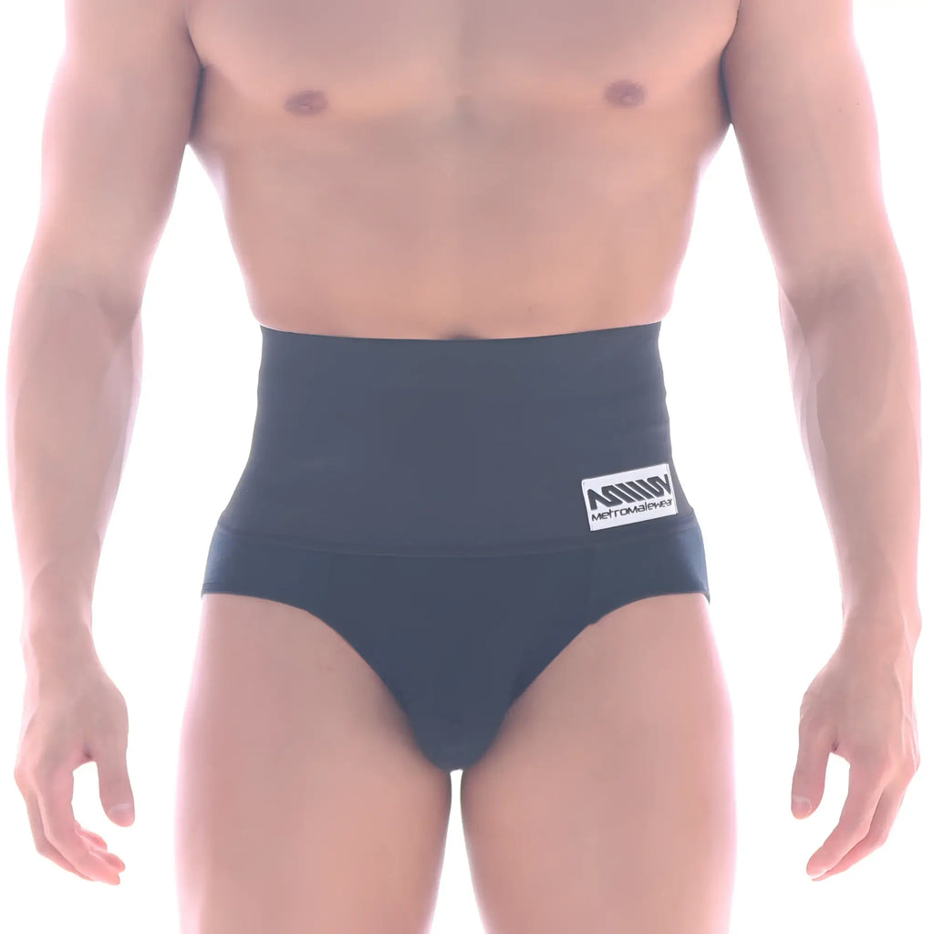 MetroMaleWear shaper hip brief black 5003-80 high-waisted black briefs with white logo patch on waistband