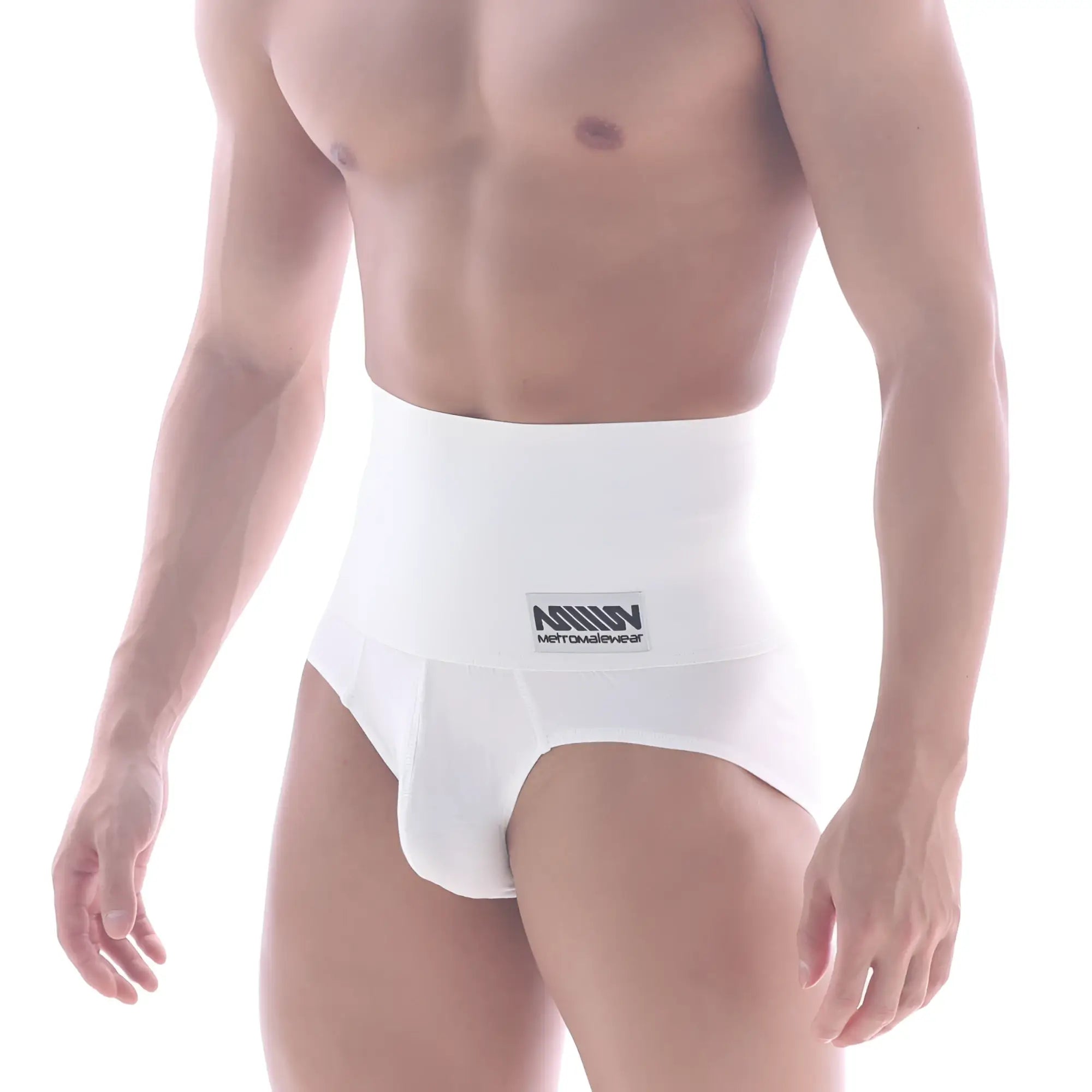 White mens high-waisted contoured underwear with branded waistband label metro male wear shaper hip brief white 5003-81