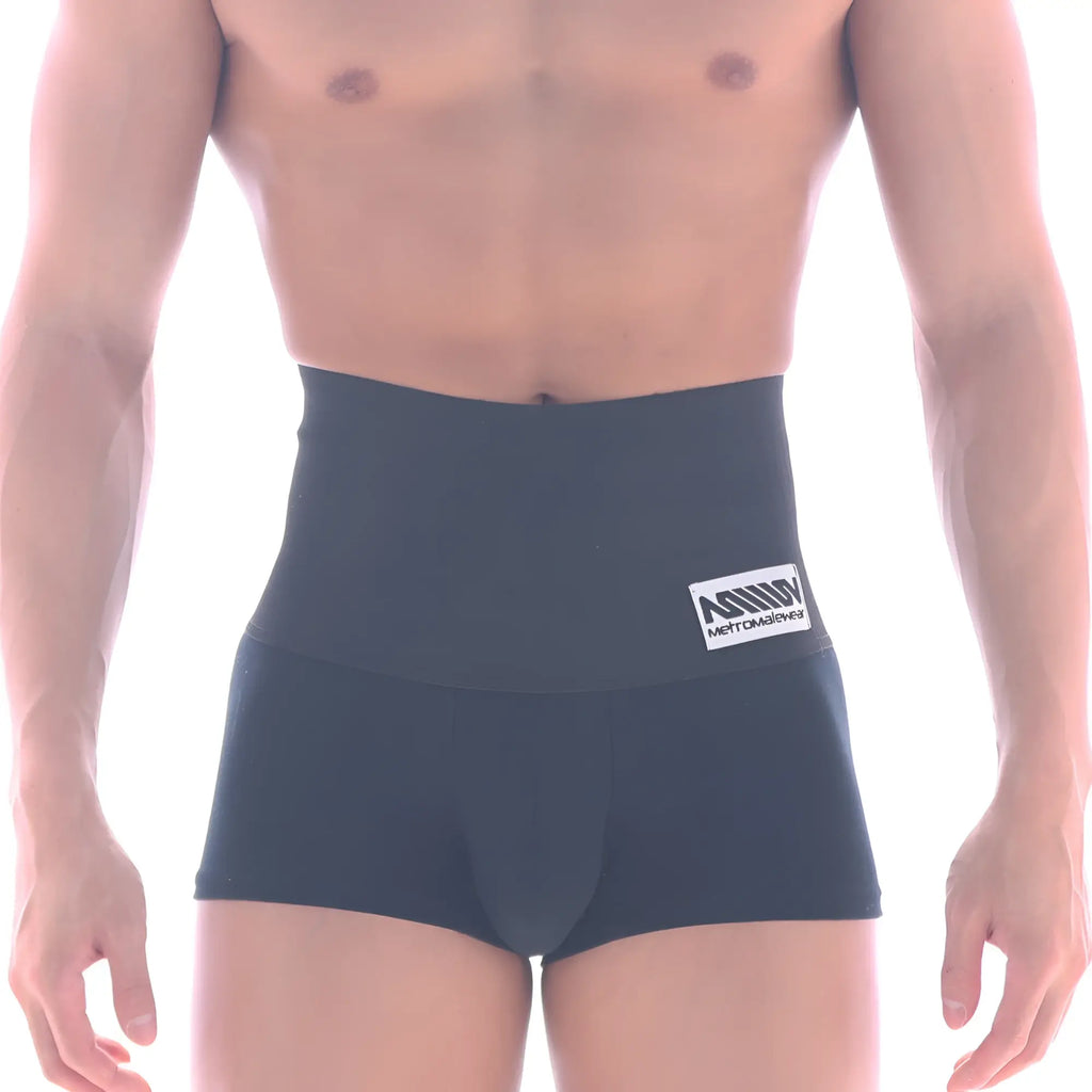 Black metro malewear shaper hip trunk boxer briefs with high waist and white logo patch on waistband