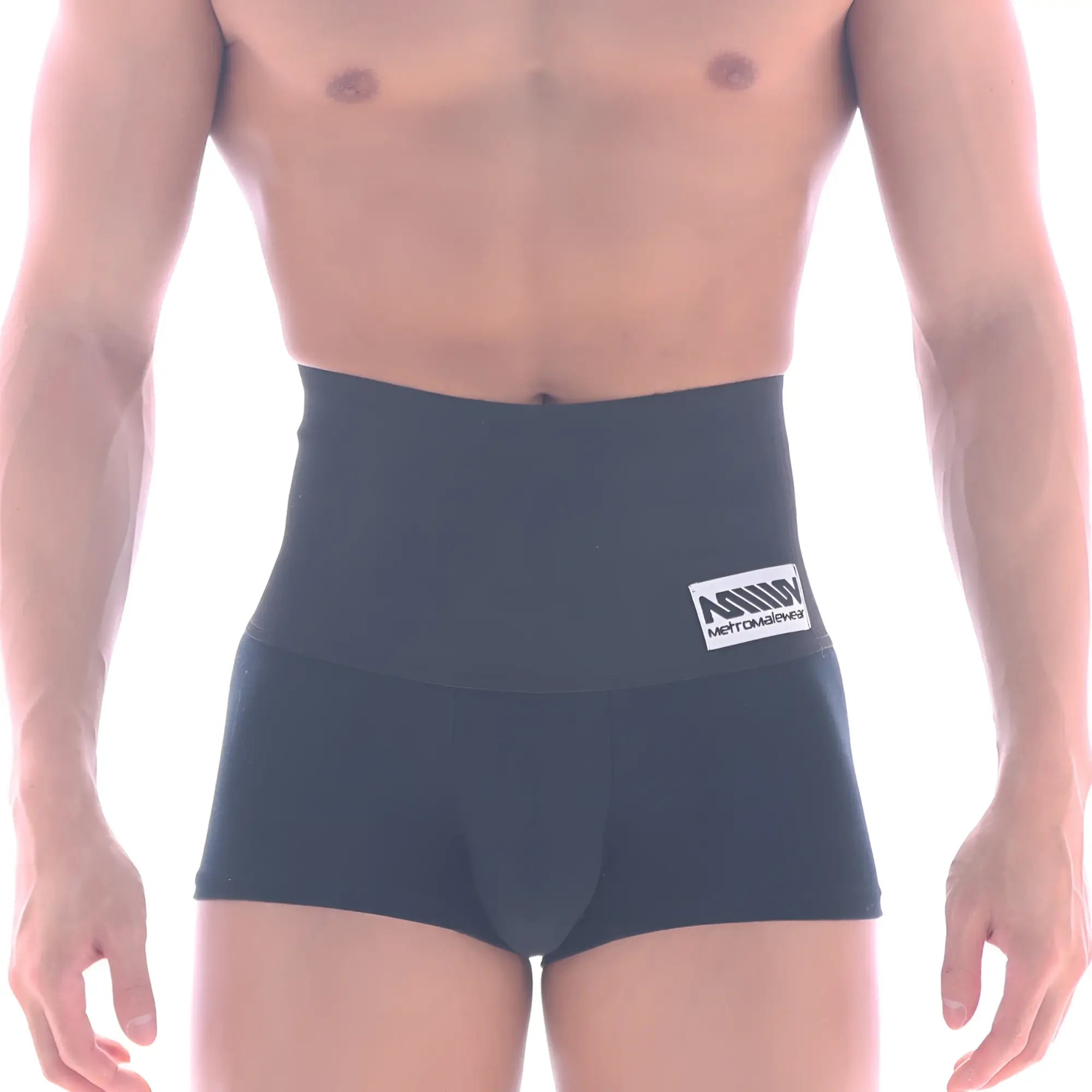 Black metro malewear shaper hip trunk boxer briefs with high waist and white logo patch on waistband
