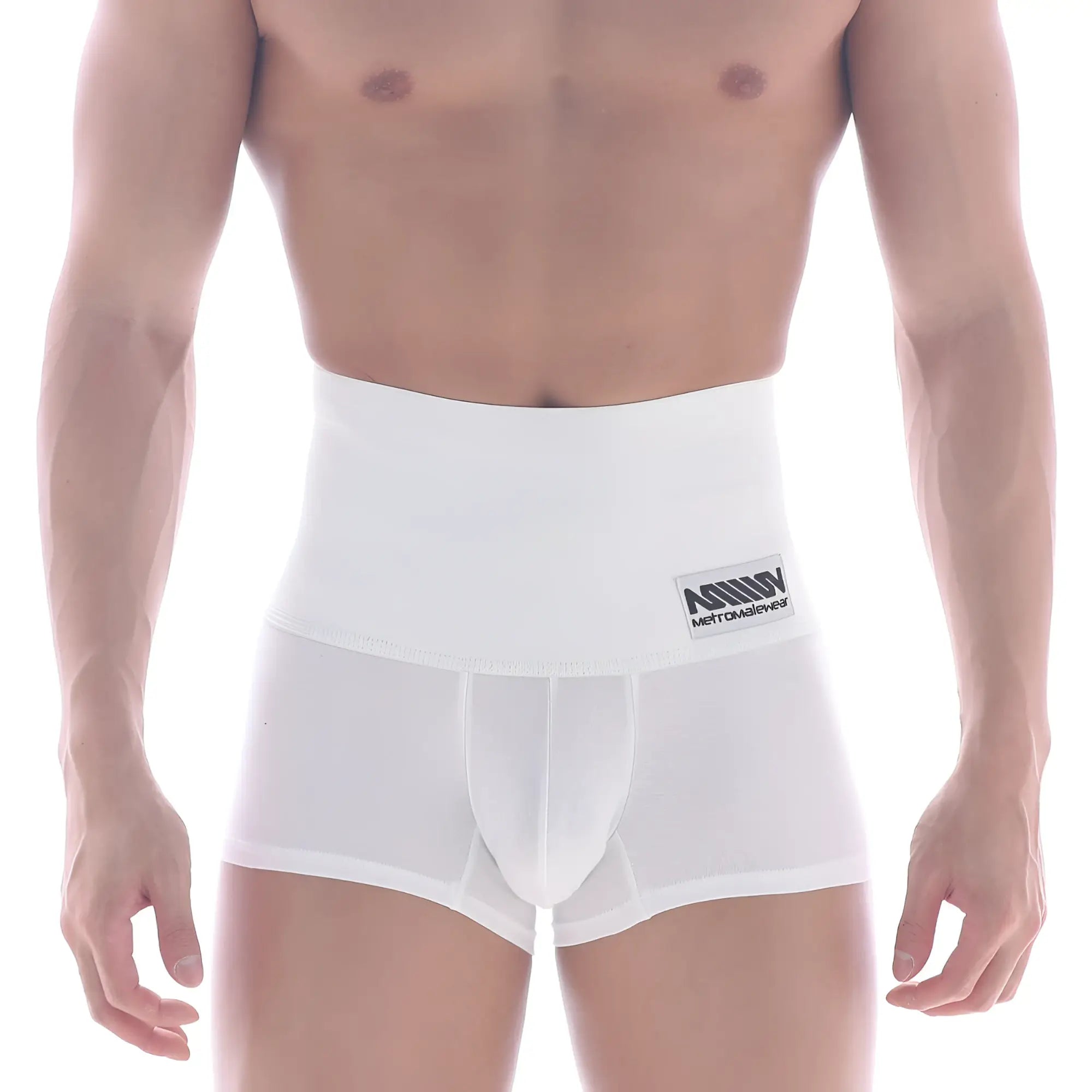 White MetroMaleWear shaper hip trunk high-waisted boxer briefs with branded waistband label in soft fabric
