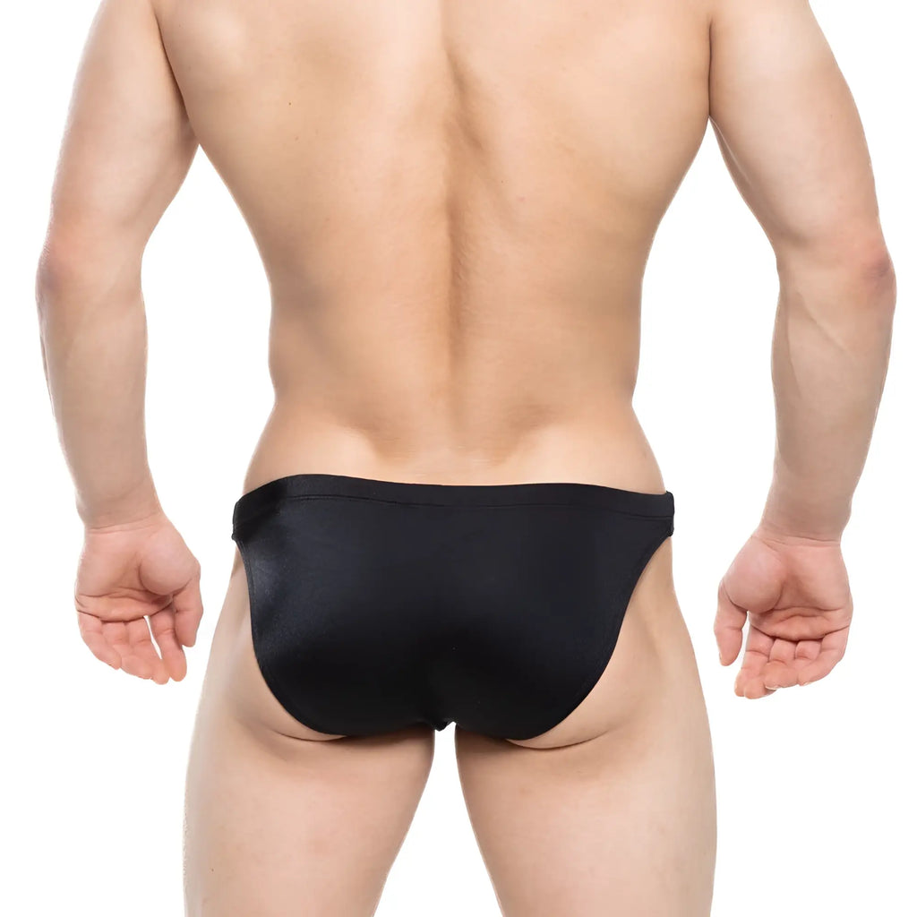 Black sleek form-fitting swim trunks with smooth fabric finish from MetroMaleWear shark swim bikini 4987-20