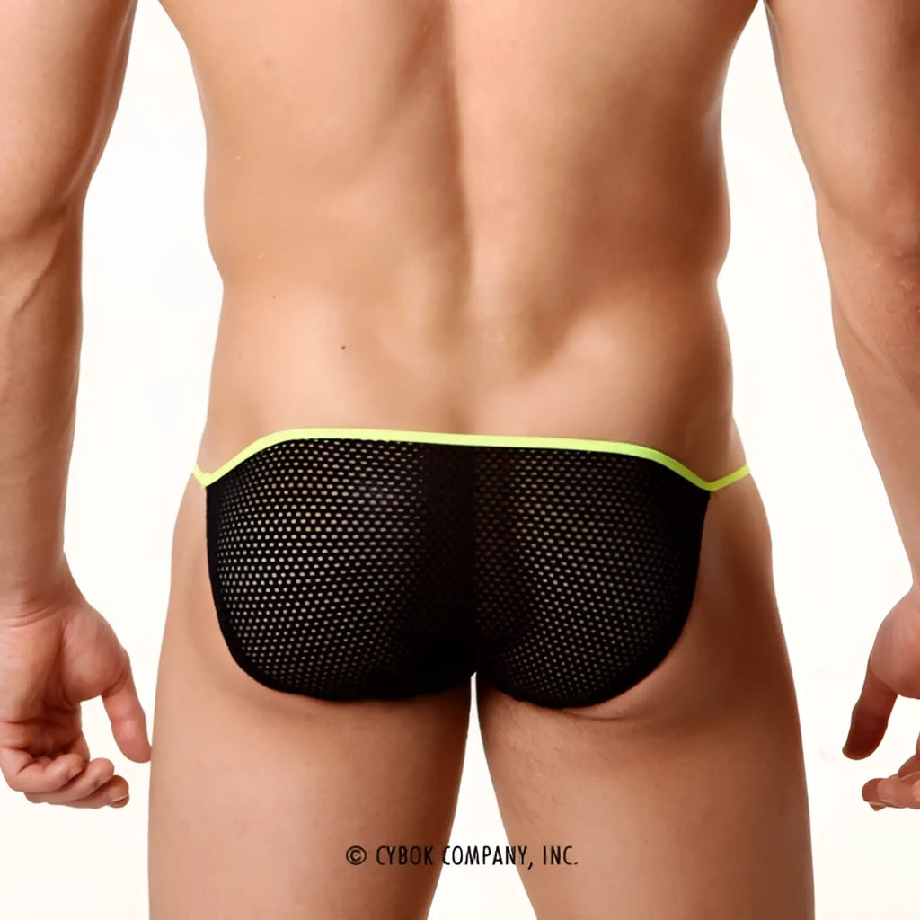 MetroMaleWear sheer fun bikini lime 5004-07 black mesh briefs with neon green trim front view