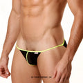 Metro malewear sheer fun bikini lime 5004-07 black mesh briefs with neon yellow trim and a red brand tag