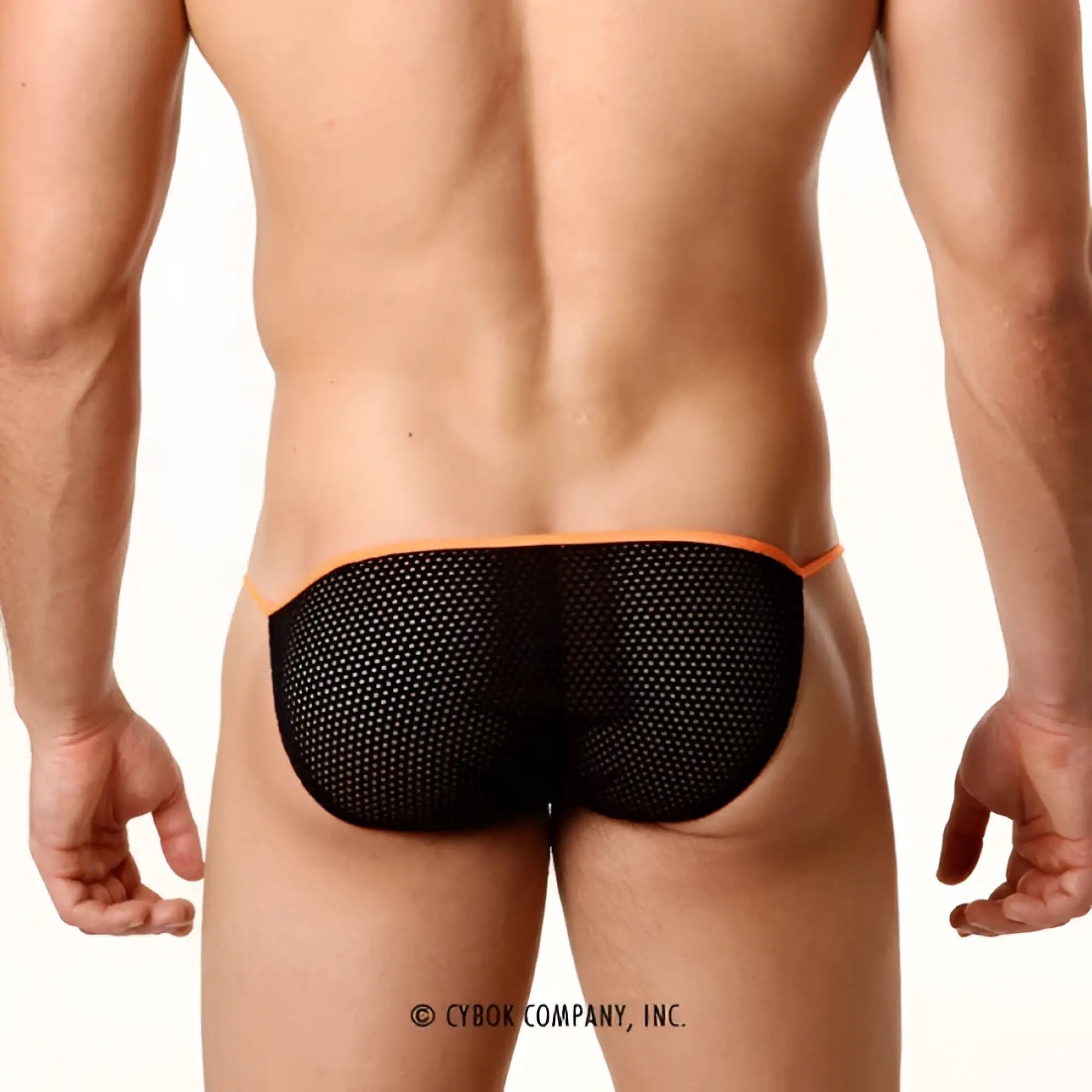 Black mesh briefs with orange trim sheer fun bikini style by Metromalewear for a bold and breathable fit