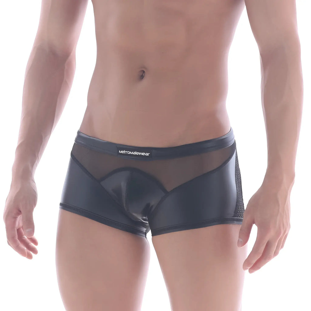Black glossy mesh briefs with sheer hip trunk design and subtle branding on the waistband by metromalewear