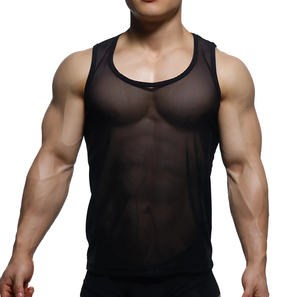MetroMaleWear sheer runner tank top black in mesh with rounded neckline and solid black trim