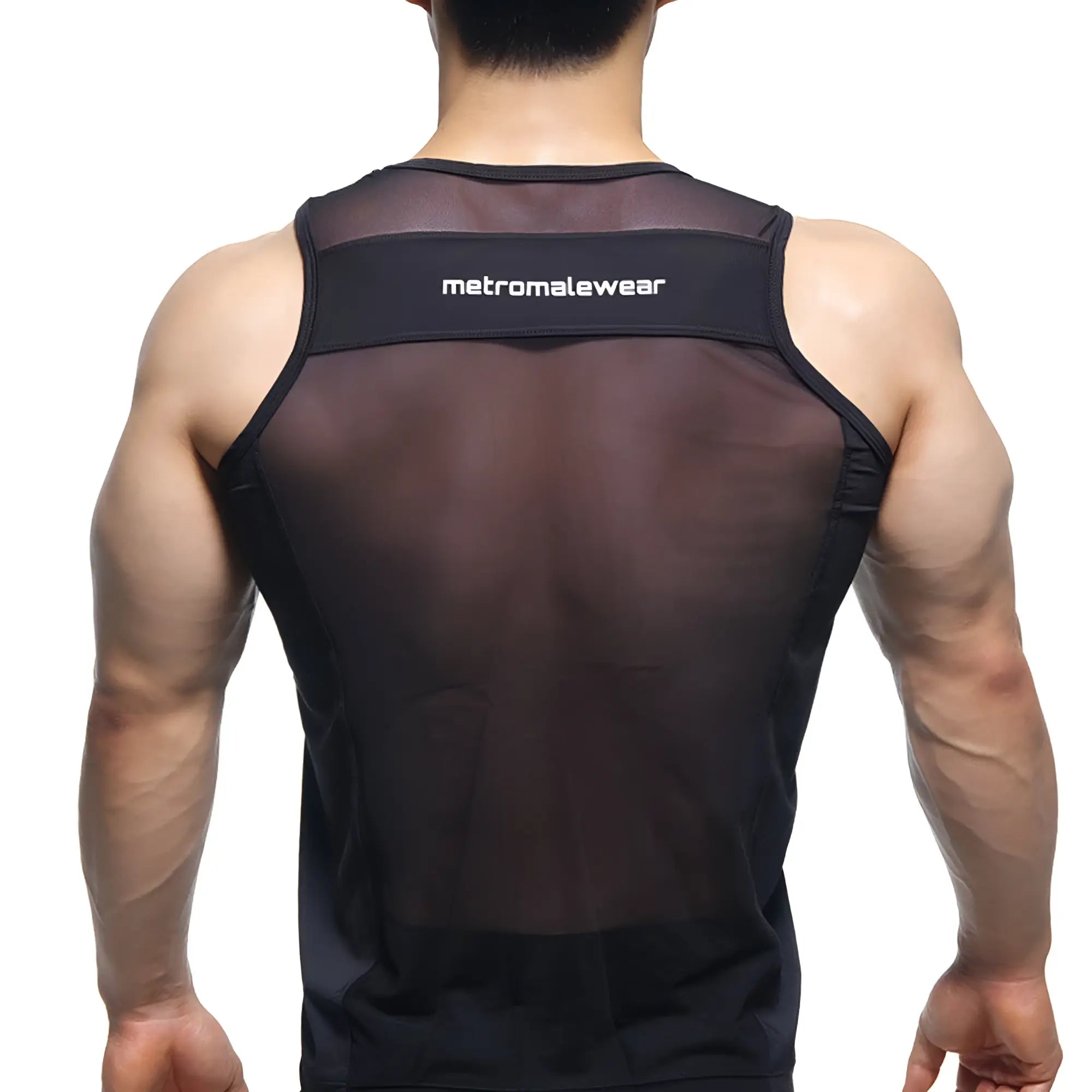 Back view of metroMalewear sheer runner tank top black featuring black mesh and white branded solid band