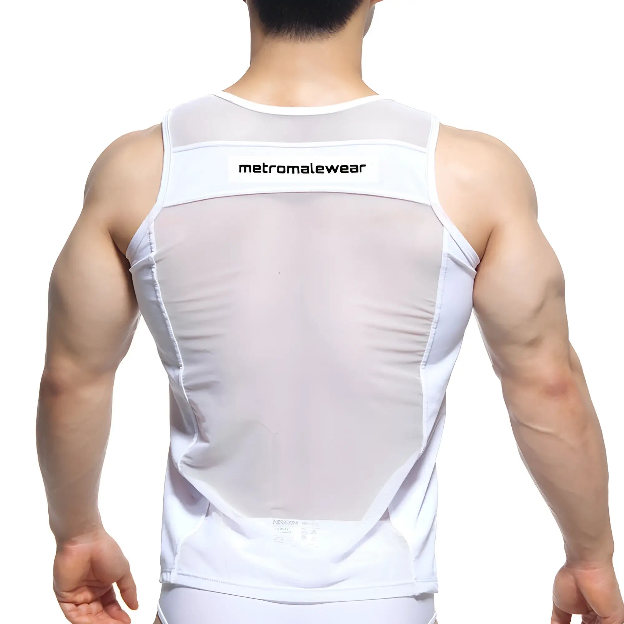 Back of white metroMalewear sheer runner tank top with mesh fabric solid trim and branding across the upper back