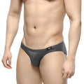 Dark gray sleek metallic-textured briefs with subtle sheen and black logo on waistband metroMalewear shine charcoal bikini