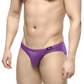MetroMaleWear Shine purple bikini briefs with a sleek metallic finish and small black logo on the waistband