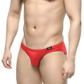 Red shiny fabric briefs with a black logo waistband from metrimalewear shine red bikini 5103-m12 collection