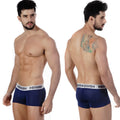 Navy blue mesh MetroMaleWear short boxer briefs with a white elastic waistband and black brand name lettering