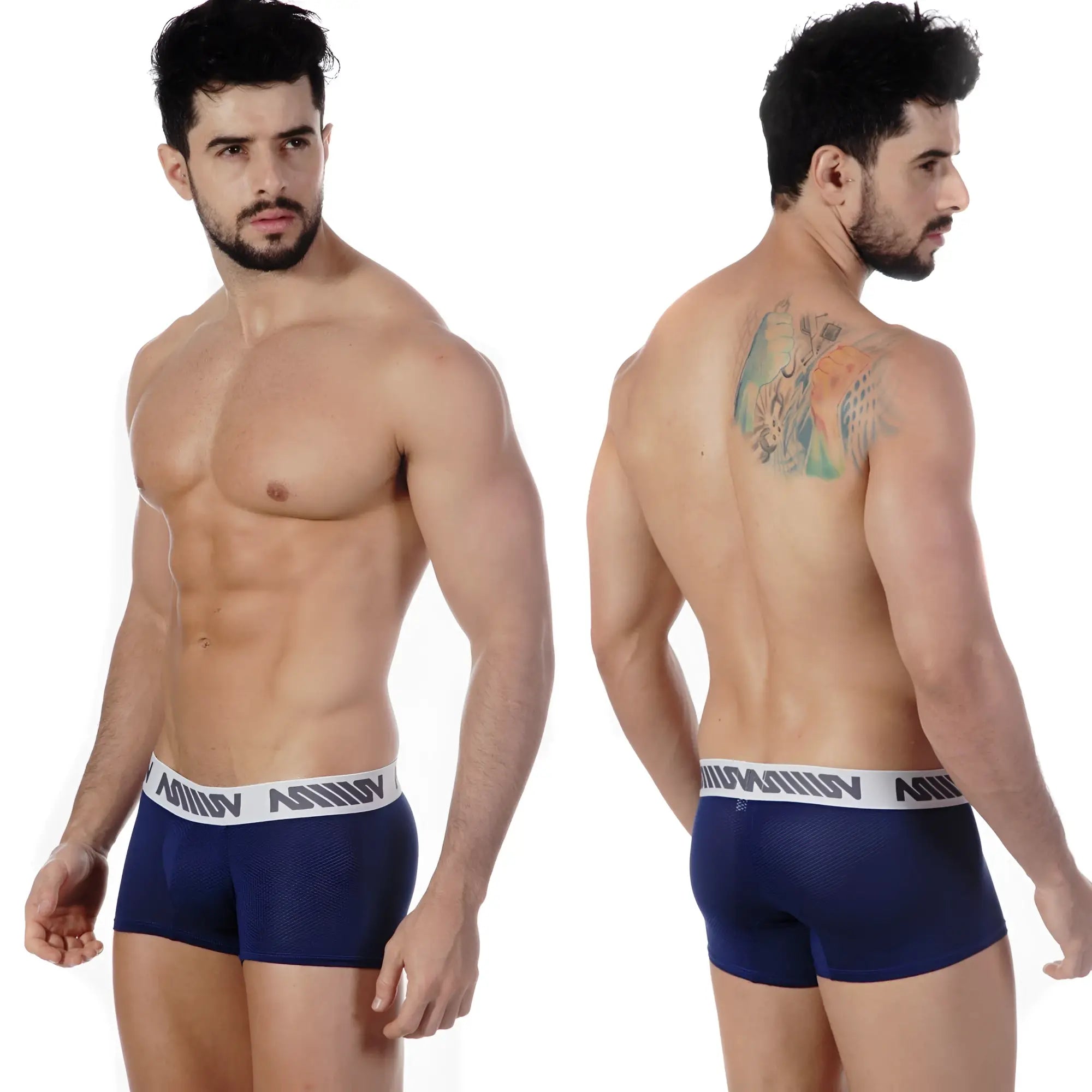 Navy blue mesh MetroMaleWear short boxer briefs with a white elastic waistband and black brand name lettering
