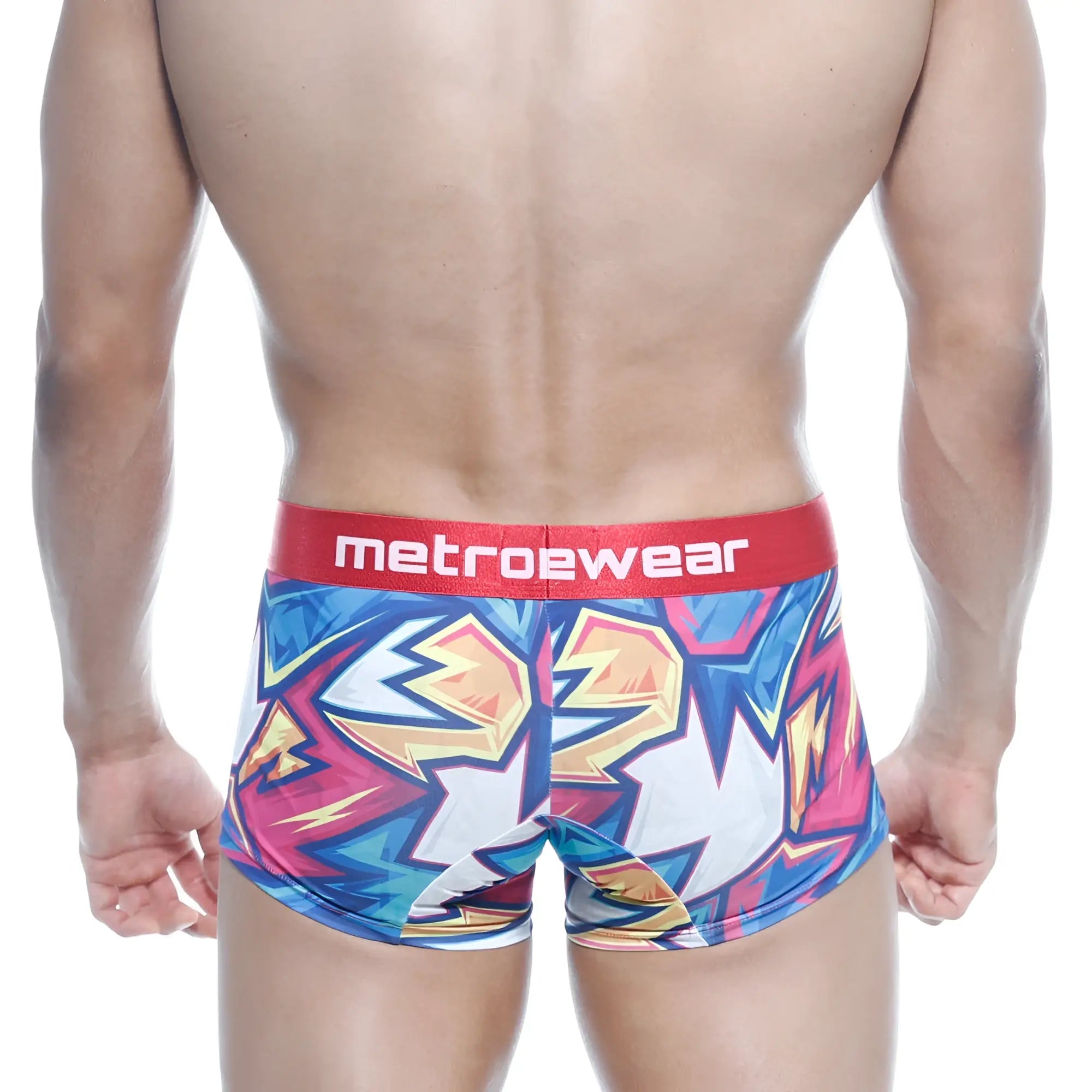 Vibrant graffiti-style metroewear boxer briefs in blue pink yellow with red waistband metroMaleWear short boxer atractivo 7 2022-66